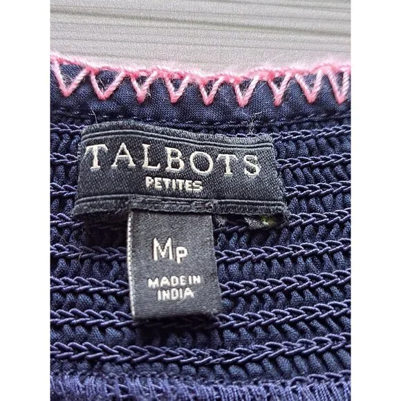 Talbots Petites Navy Heavily Embroidered Floral Blouse M/P Cotton Short Sleeve - Picture 5 of 10